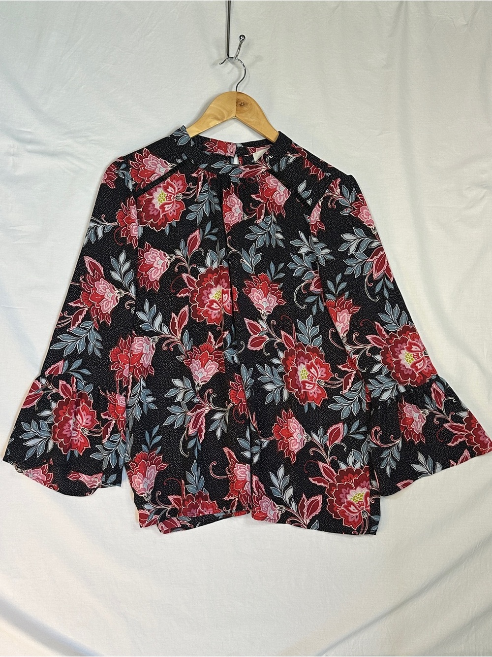 LOF Black Floral Bell-Sleeve Blouse with Red and Pink Blossoms